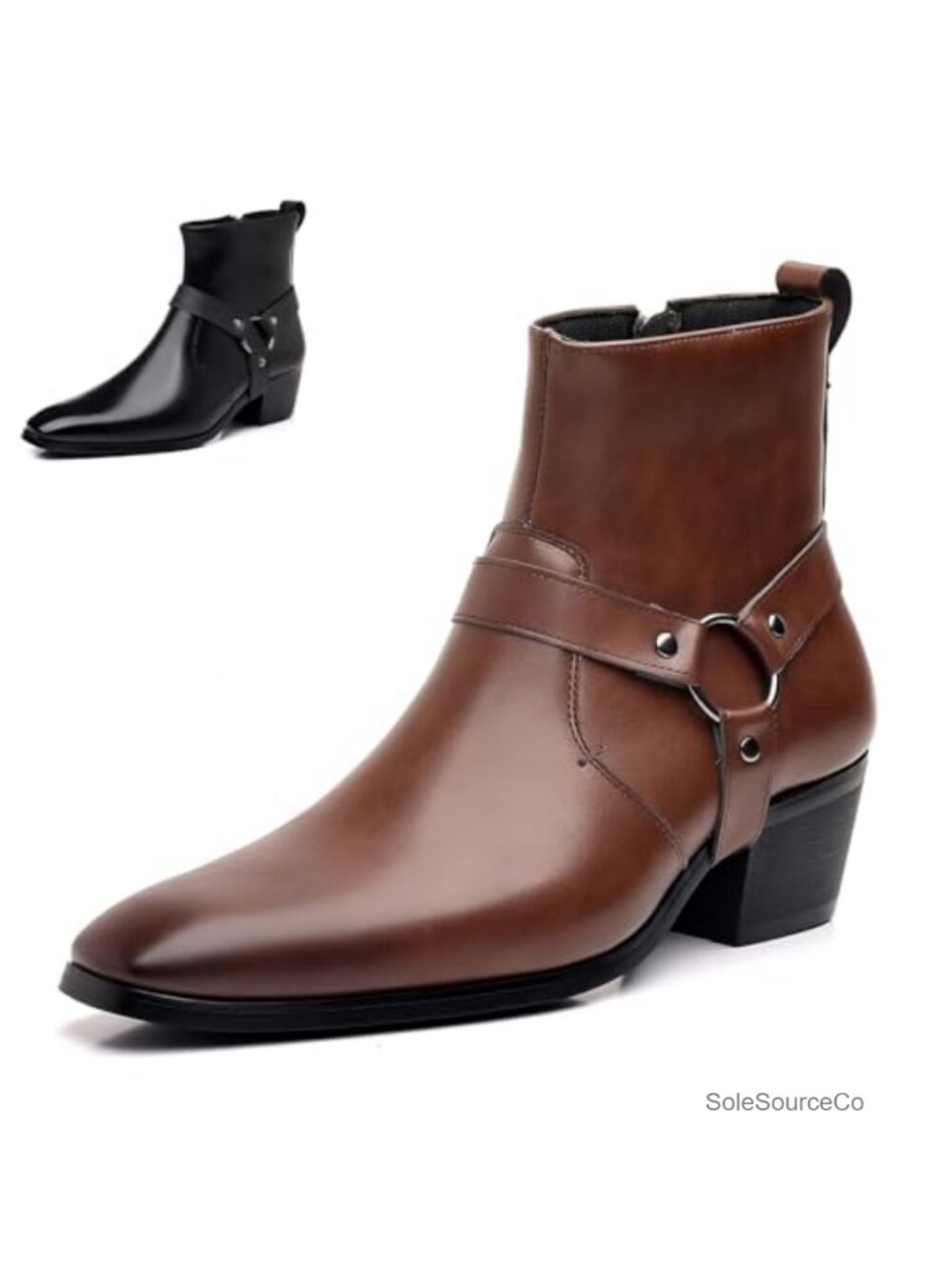 Men's Faux Leather Chunky Heel Chelsea Boots Belt Buckle Cap Toe Business